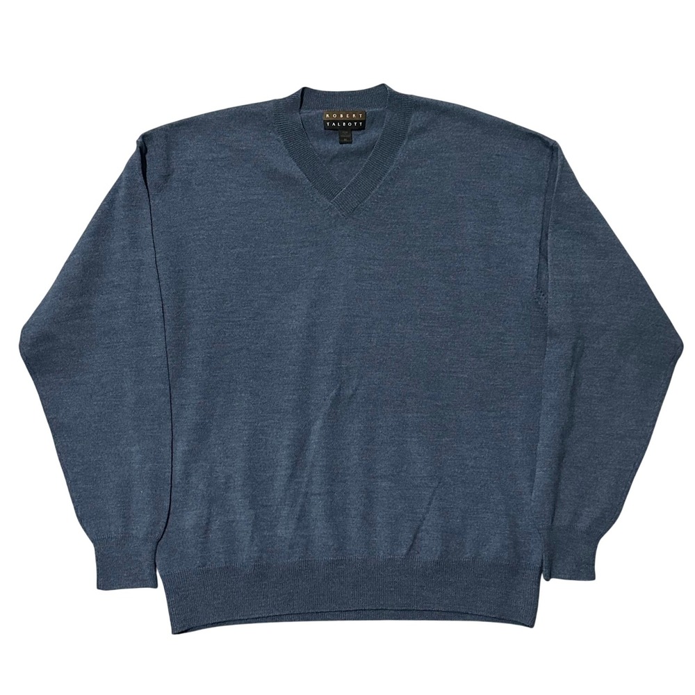 Robert Talbott Mens Blue 100% Merino Wool V-Neck Sweater Sz Medium Classic Knit